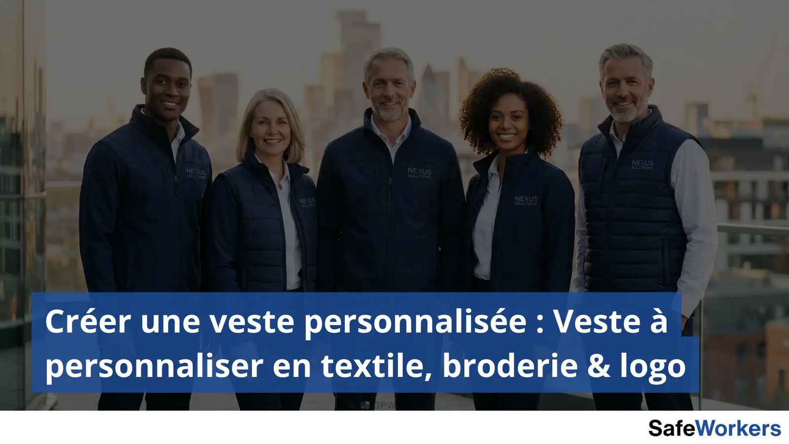 Équipe de cinq employés les uns à coter des autres habillé de vestes de travail personnalisé avec le logo bordé sur le côté coeur de la veste.