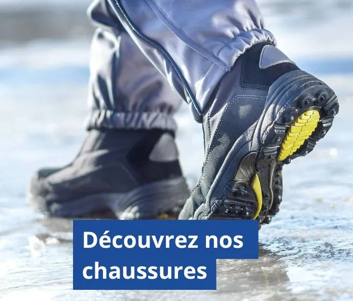 Aperçu d'une paire de chaussure de sécurité en pleine actions sur un sol assez humide 