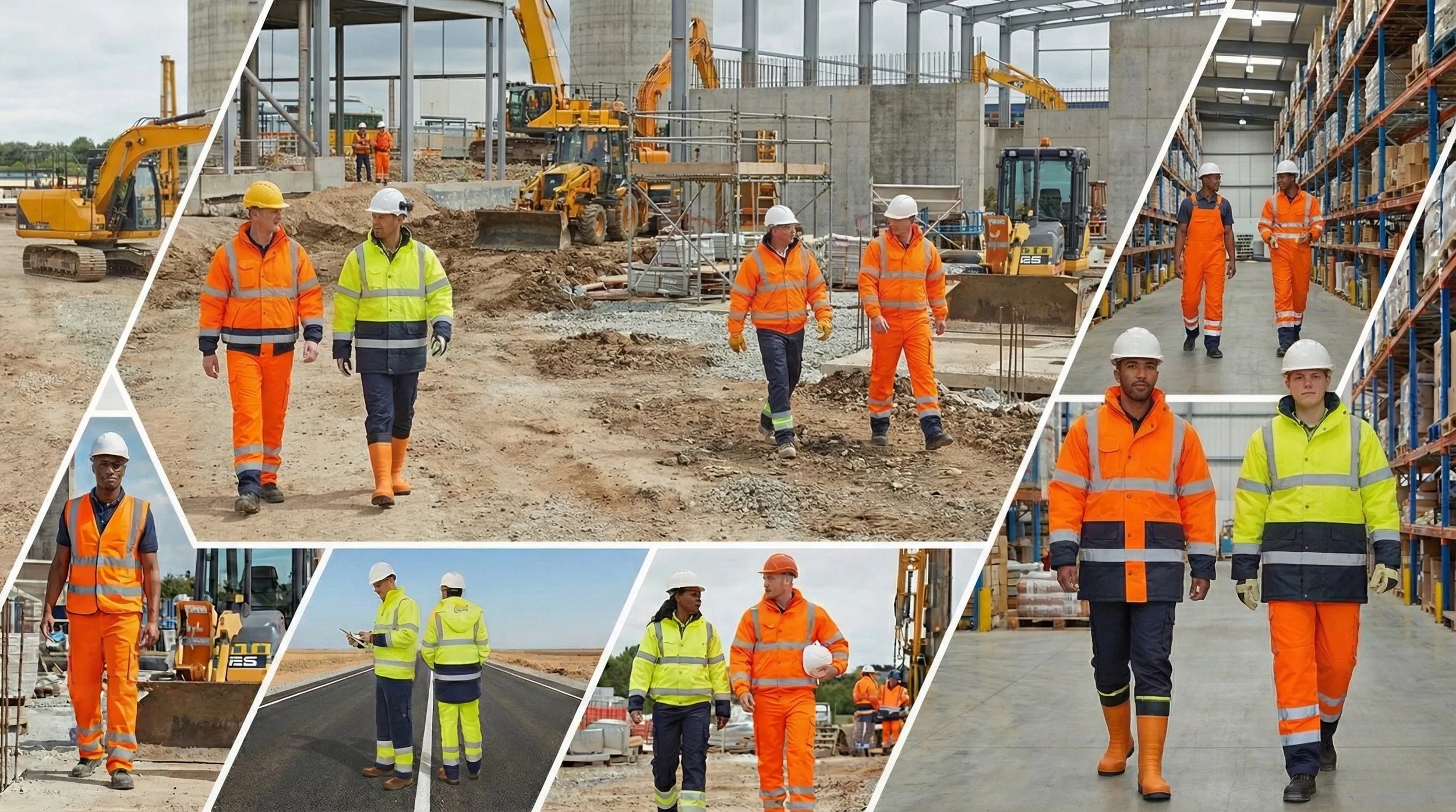 Personne sur un chantier habillée de vêtements de travail professionnel de haute visibilité, de couleur jaune et orange de la marque T2 S
